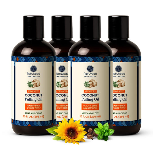Natruveda coconut oil pulling mouthwash bottle with mint for fresh breath.