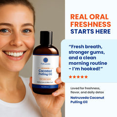 Natruveda imagery depicting teeth and gums cleansing action during rinse.