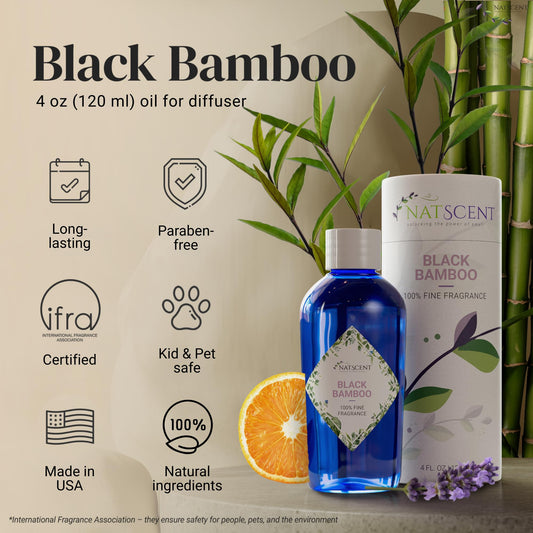 Natscent Black Bamboo oil close-up cap showing premium, IFRA-certified formula.