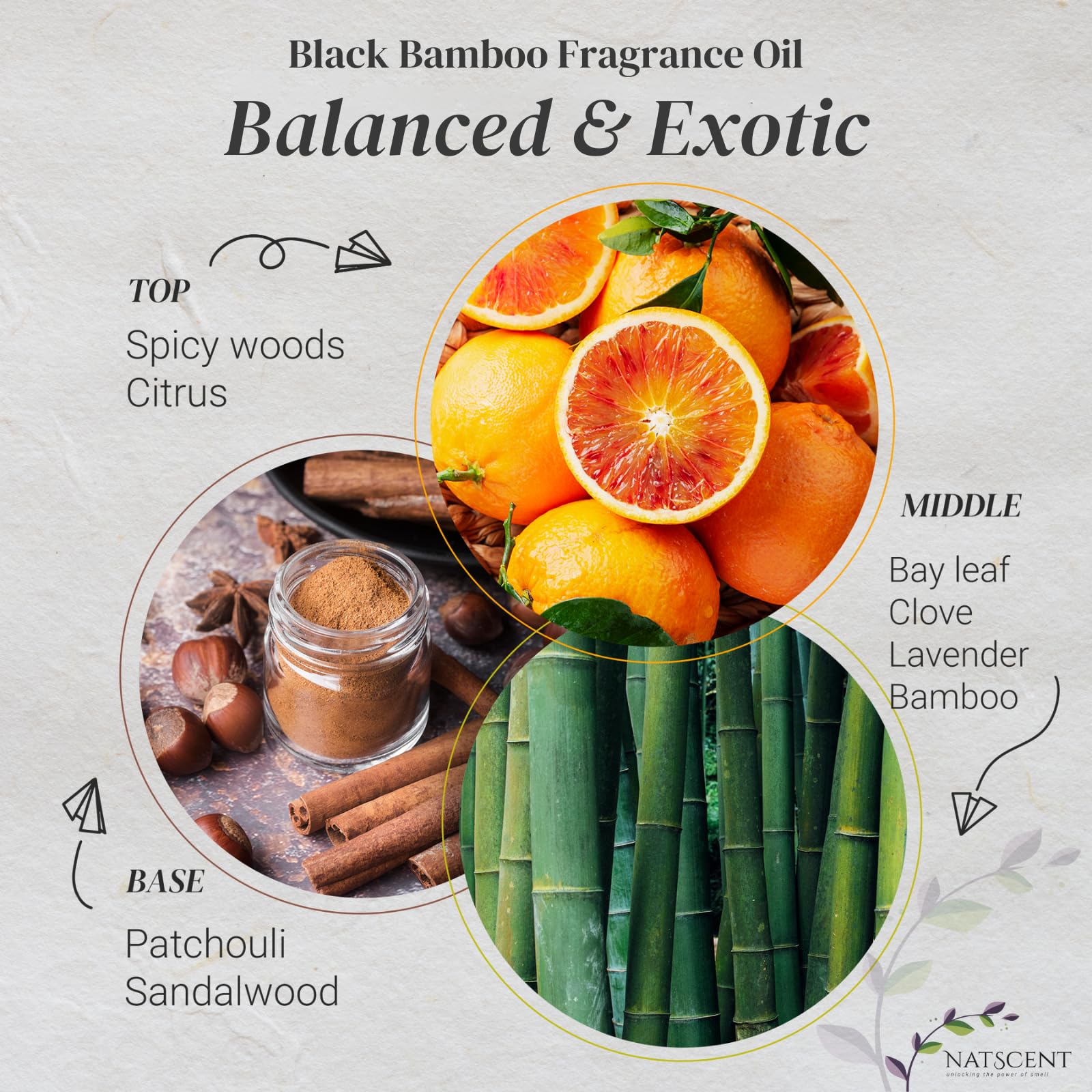 Natscent Black Bamboo bottle on wood evokes natural, nature-derived scent.