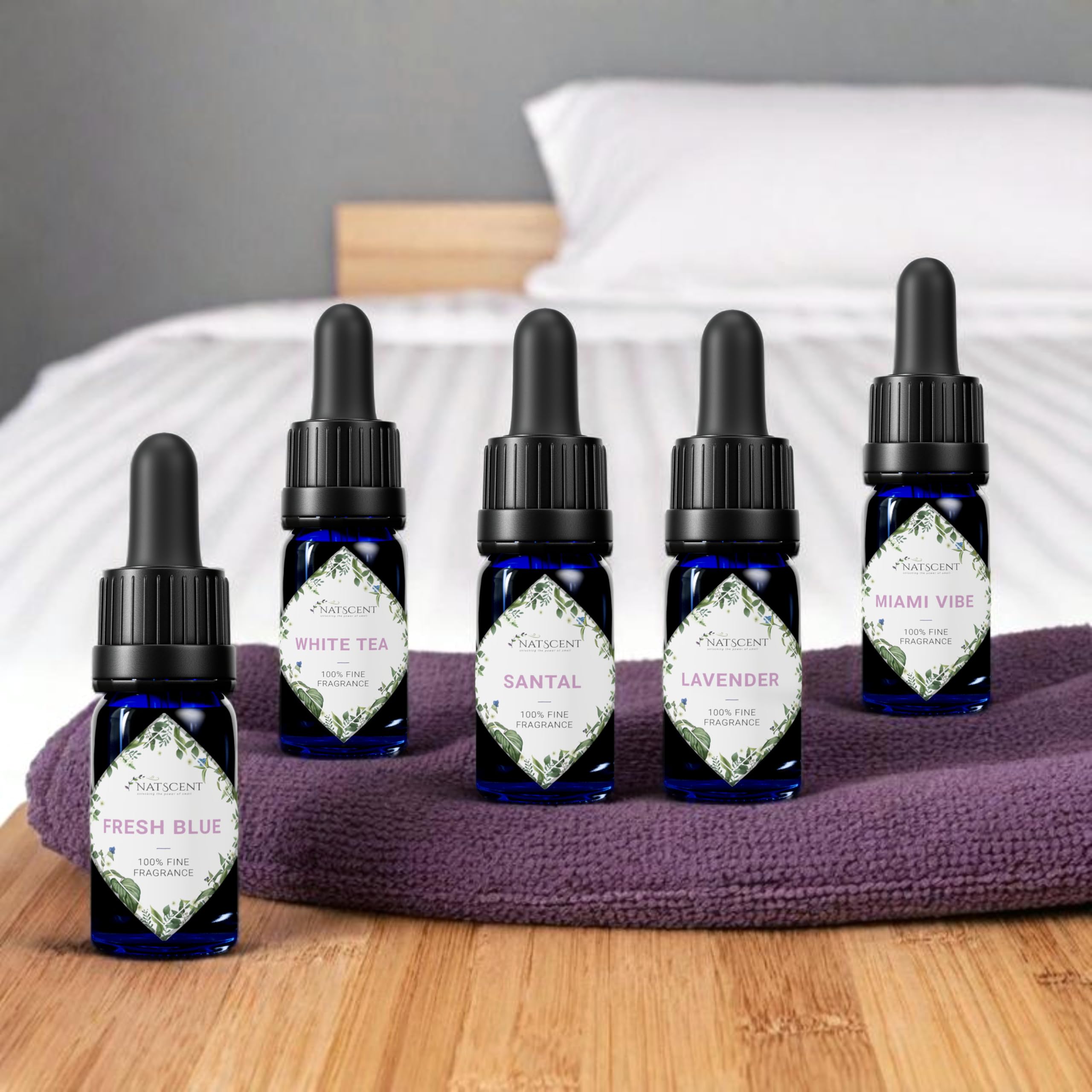 Natscent cedarwood oil bottle, earthy warmth for living areas.