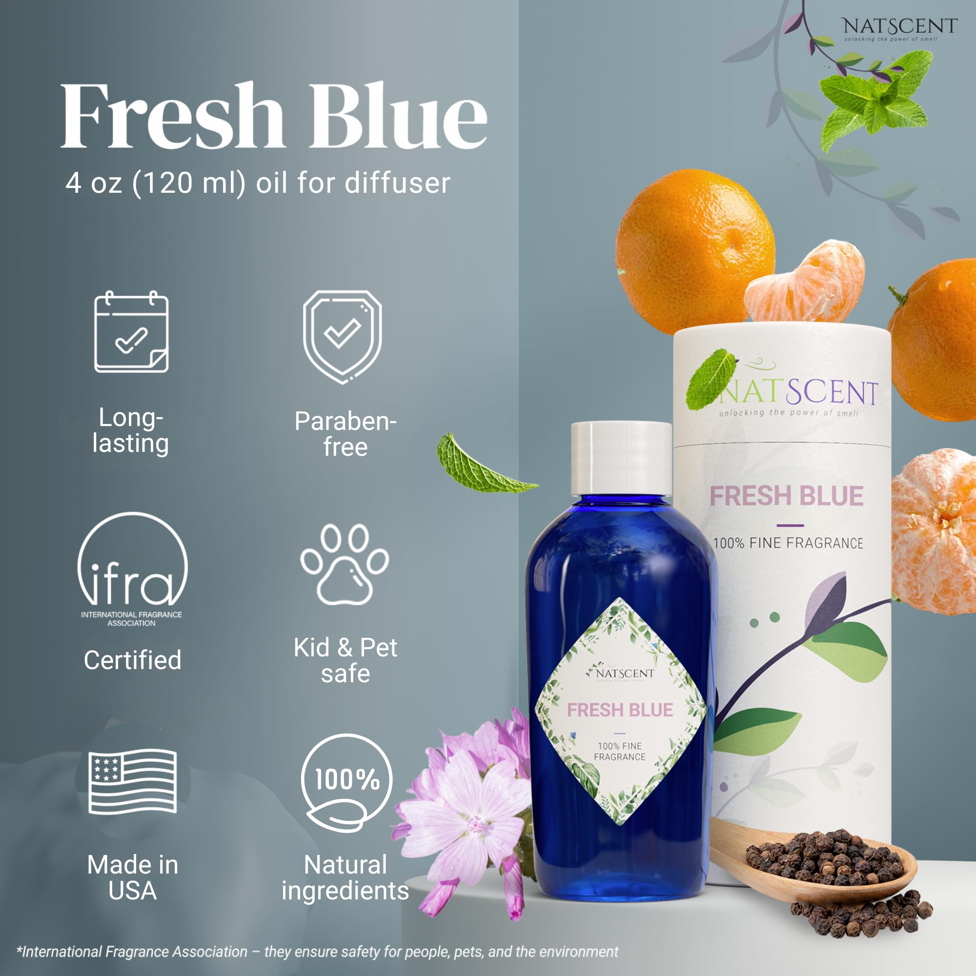 Natscent Fresh Blue label close-up highlights IFRA-certified fragrance details.