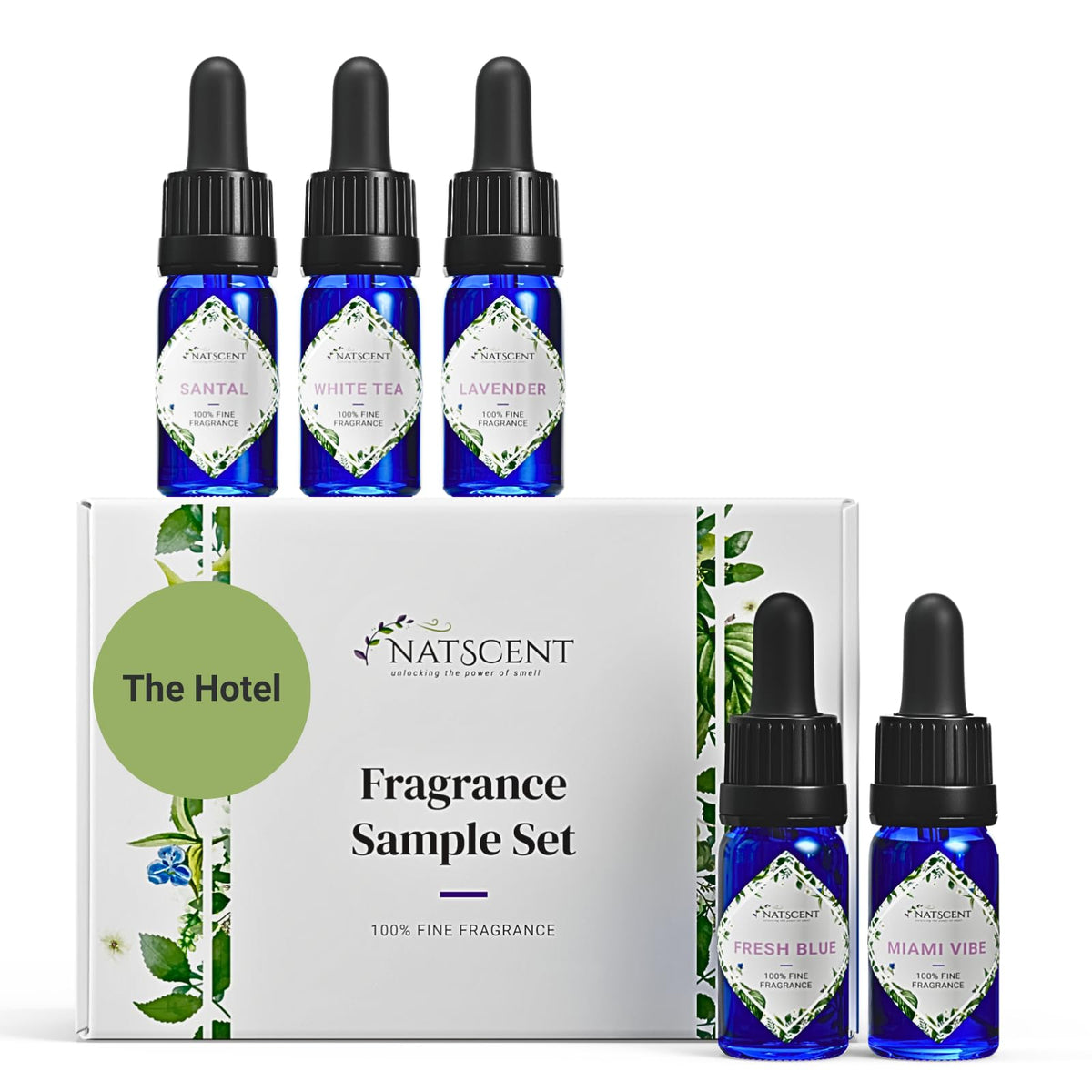Natscent Hotel Fragrance Set bottles closeup, luxurious home ambiance.