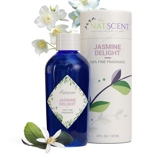 Natscent Jasmine Delight bottle front with premium diffuser potential