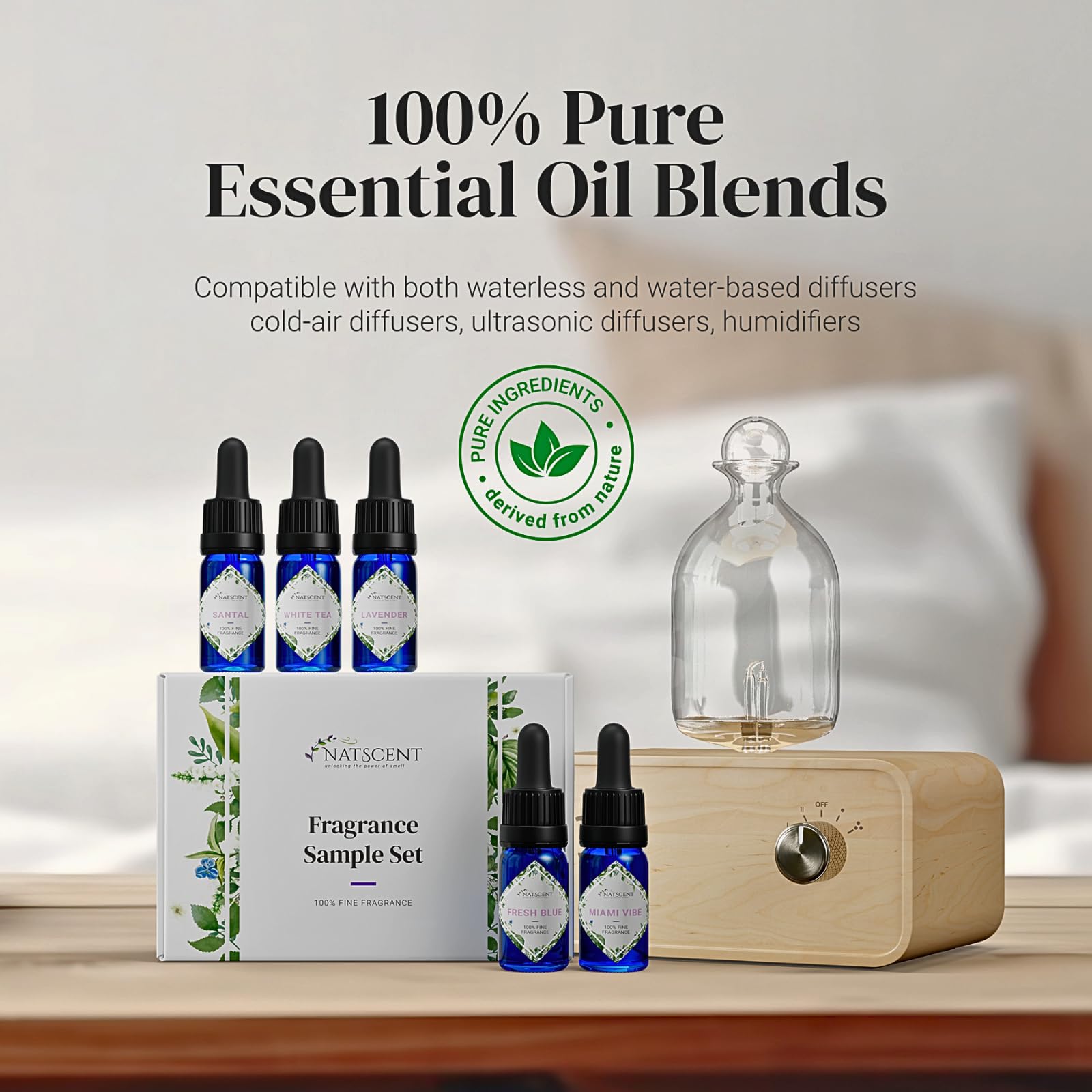 Natscent lavender oil bottle, calming floral notes for bedrooms.