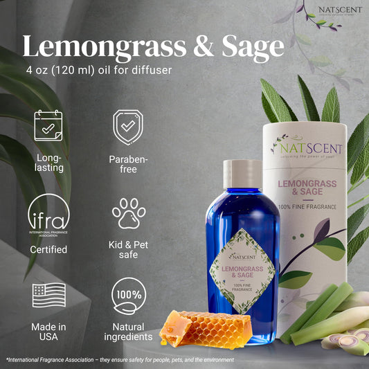 Natscent lemongrass-sage-diffuser-ready bottle for consistent home fragrance