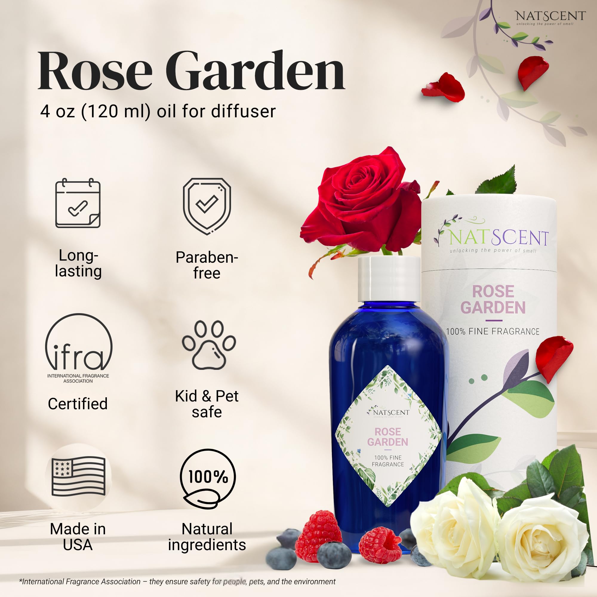 Natscent Rose Garden diffuser-ready setup enhances room ambiance.
