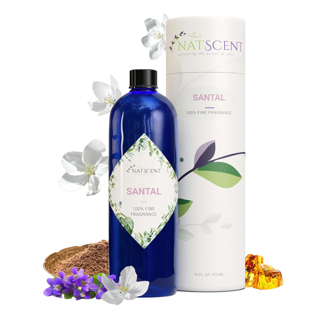 Natscent Santal essential oil bottle with label ideal for starting a diffuser ritual.