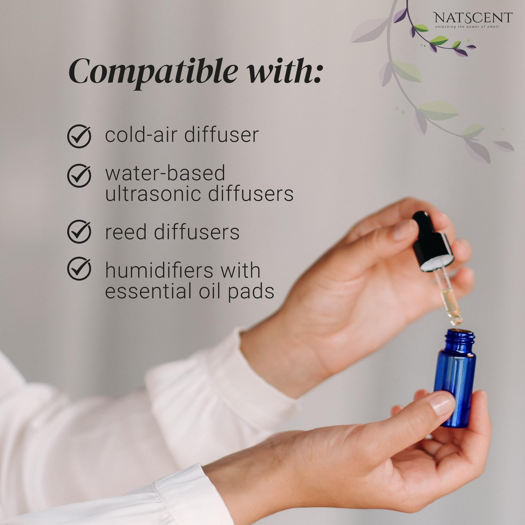 Natscent santal oil bottle, creamy spice for refined spaces.