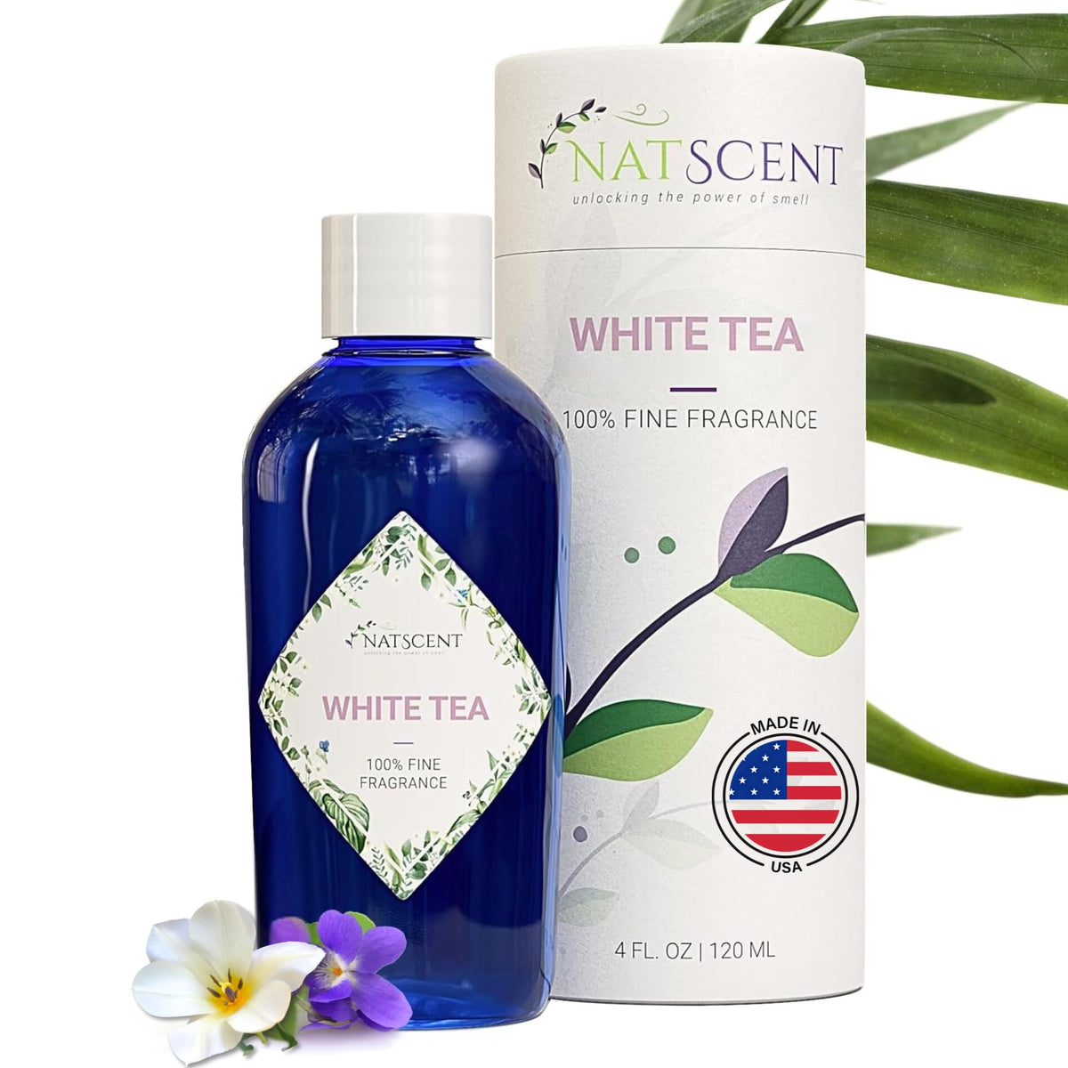 Natscent White Tea diffuser oil bottle ready to create calming home ambiance.