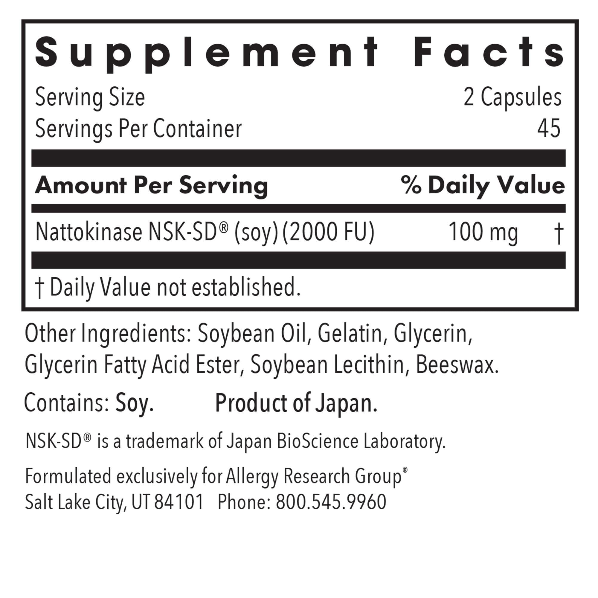 Nattokinase NSK-SD fermented soybeans label detail showing potency