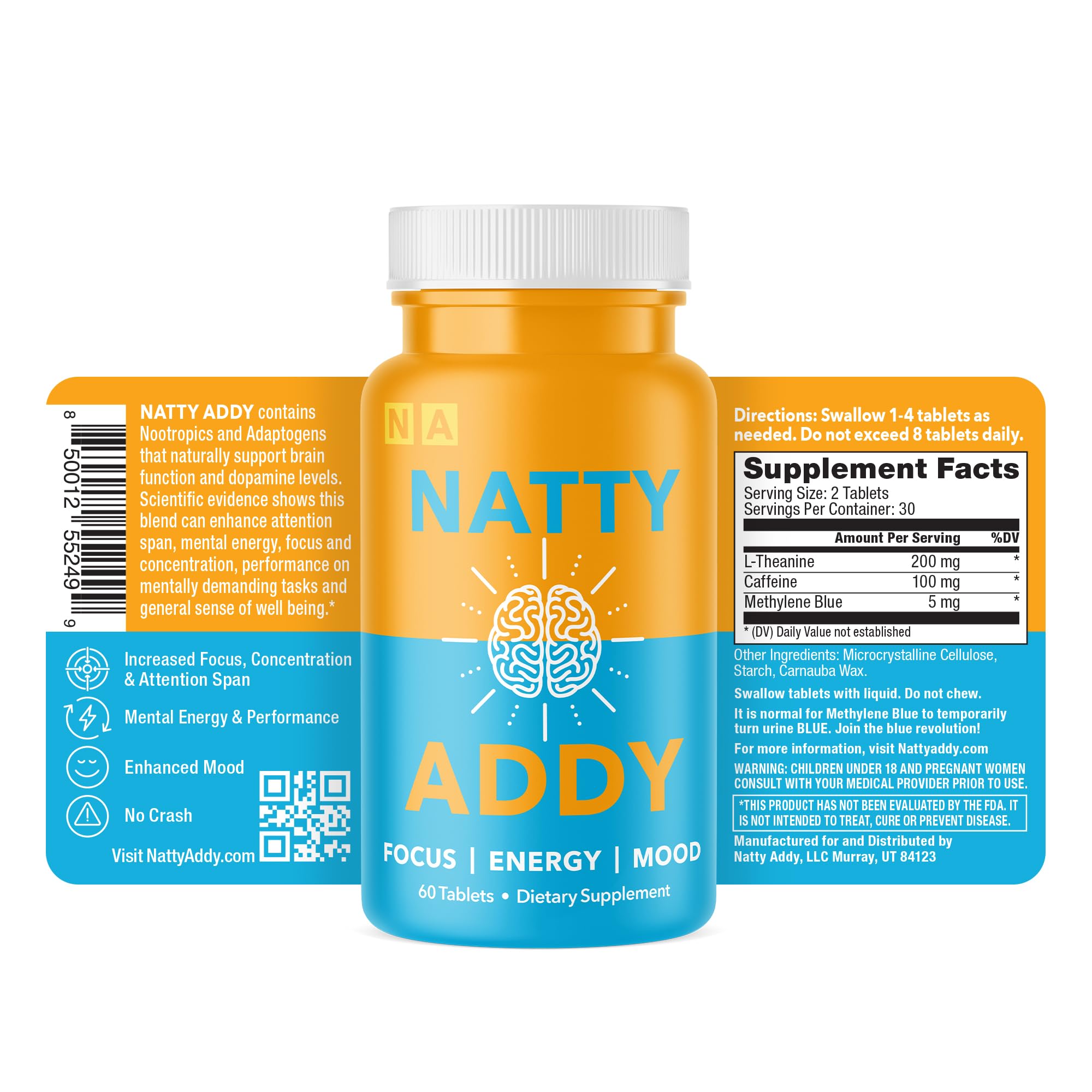 Natty Addy bottle back label displays dosage details for clarity.