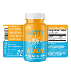 Natty Addy bottle back label displays dosage details for clarity.