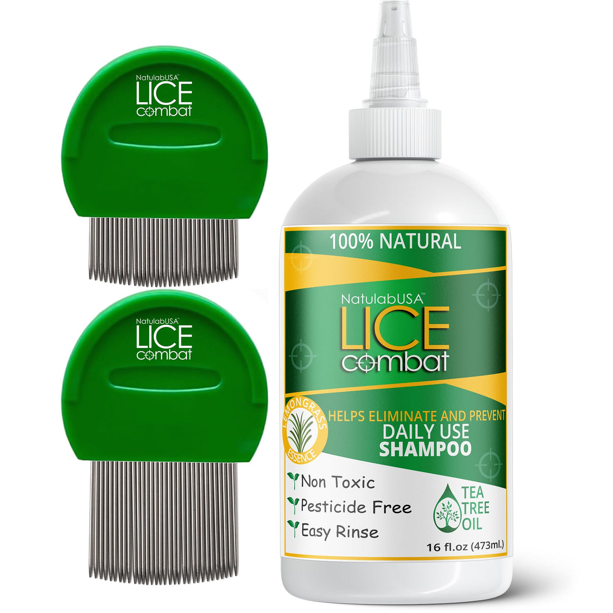 NatulabUSA lice shampoo bottle 16oz for convenient at-home lice treatment, gentle on hair.