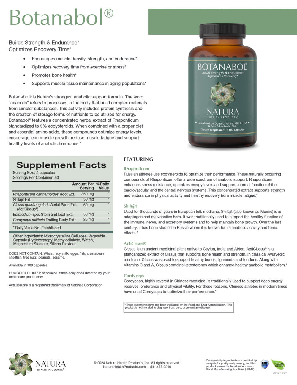 Natura Health Botanabol ecdysteroids label emphasizes Rhaponticum standardization for performance support.