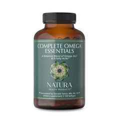 Natura Health Products Complete Omega Essentials bottle showing balanced omega contents for heart-friendly support.