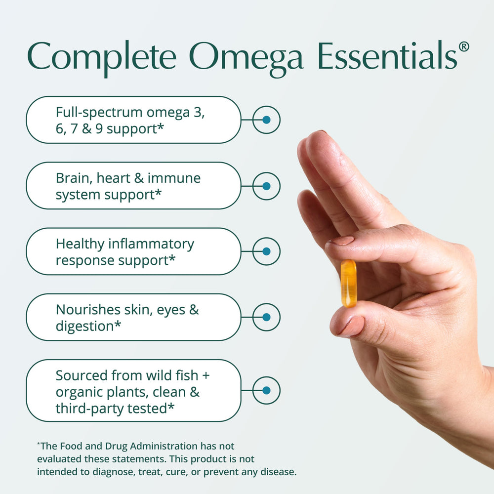 Close look at Natura Health Complete Omega Essentials softgels for convenient daily intake.