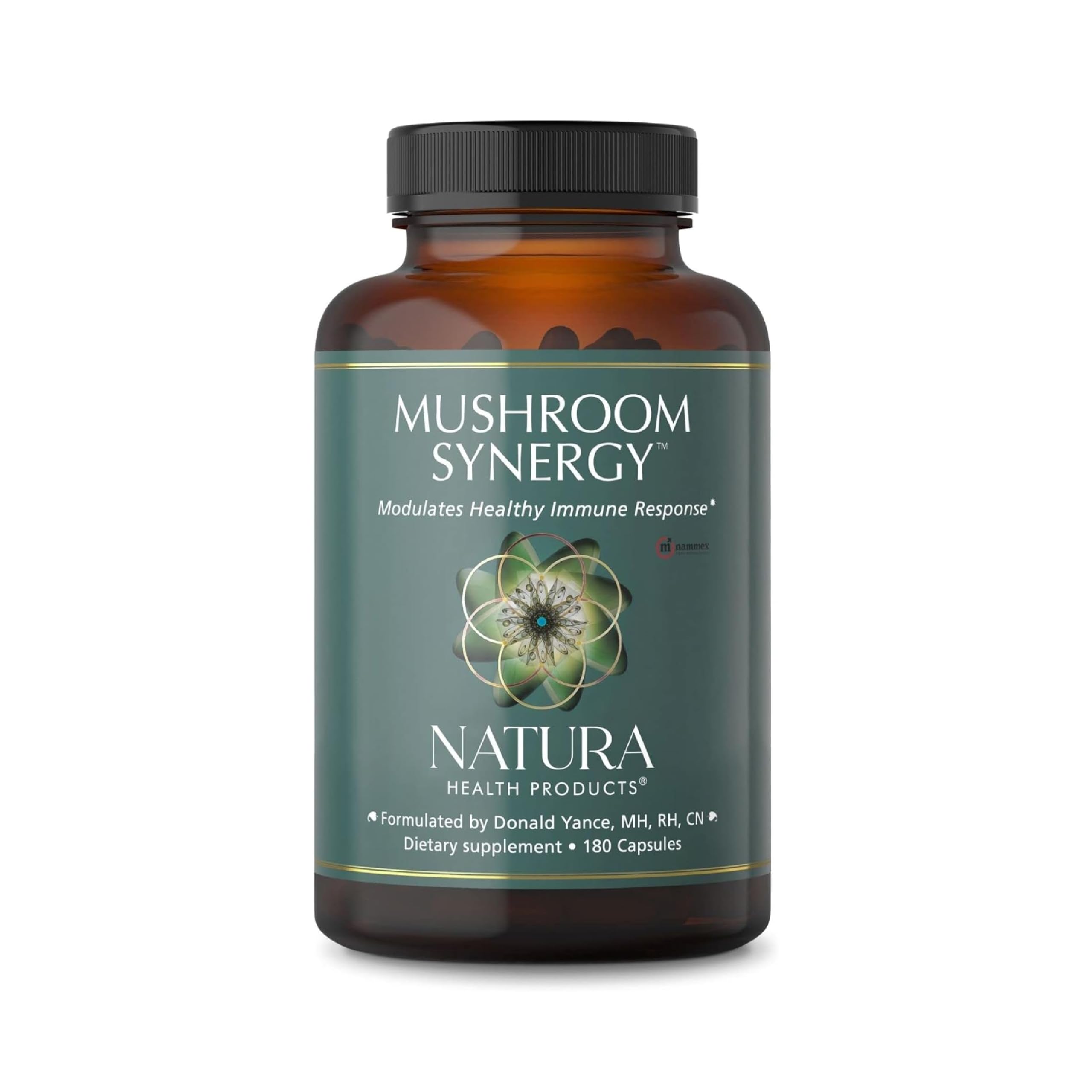 Natura Health Mushroom Synergy bottle and capsules suggesting immune support