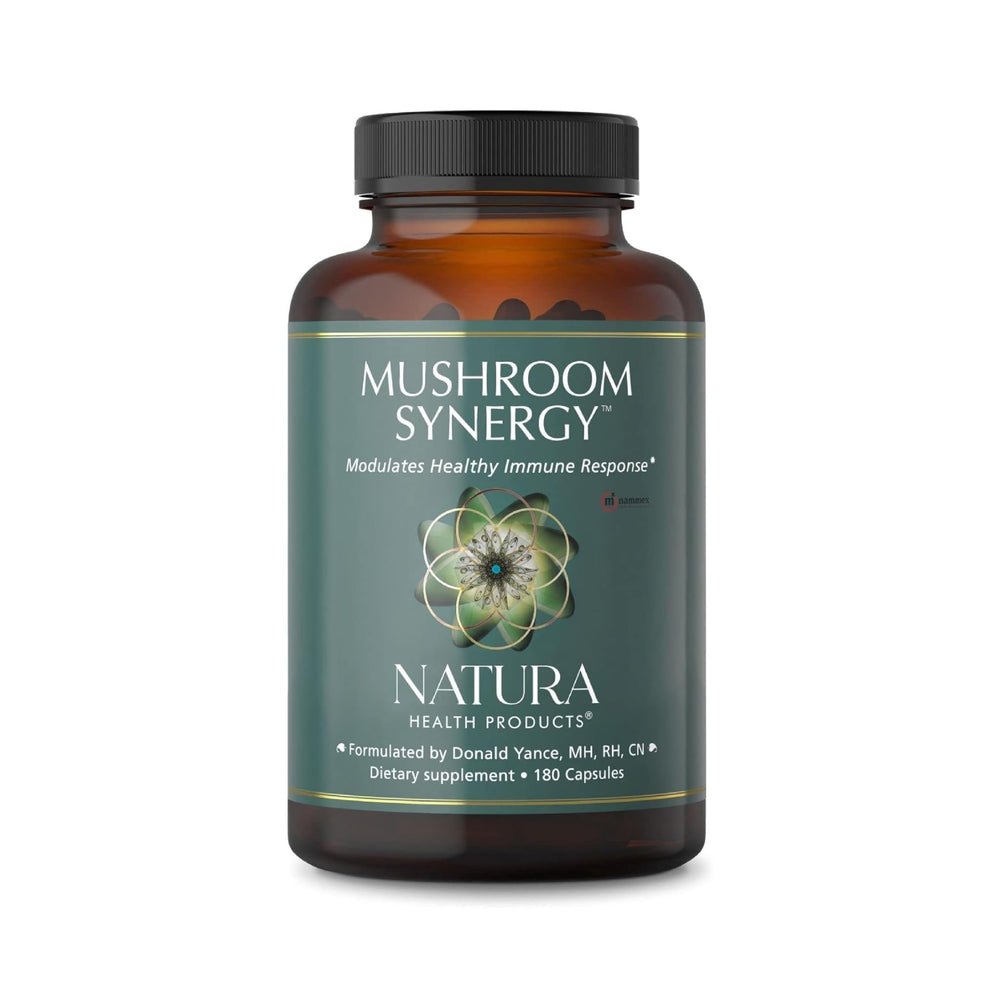 Natura Health Mushroom Synergy bottle and capsules suggesting immune support