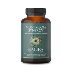 Natura Health Mushroom Synergy bottle and capsules suggesting immune support