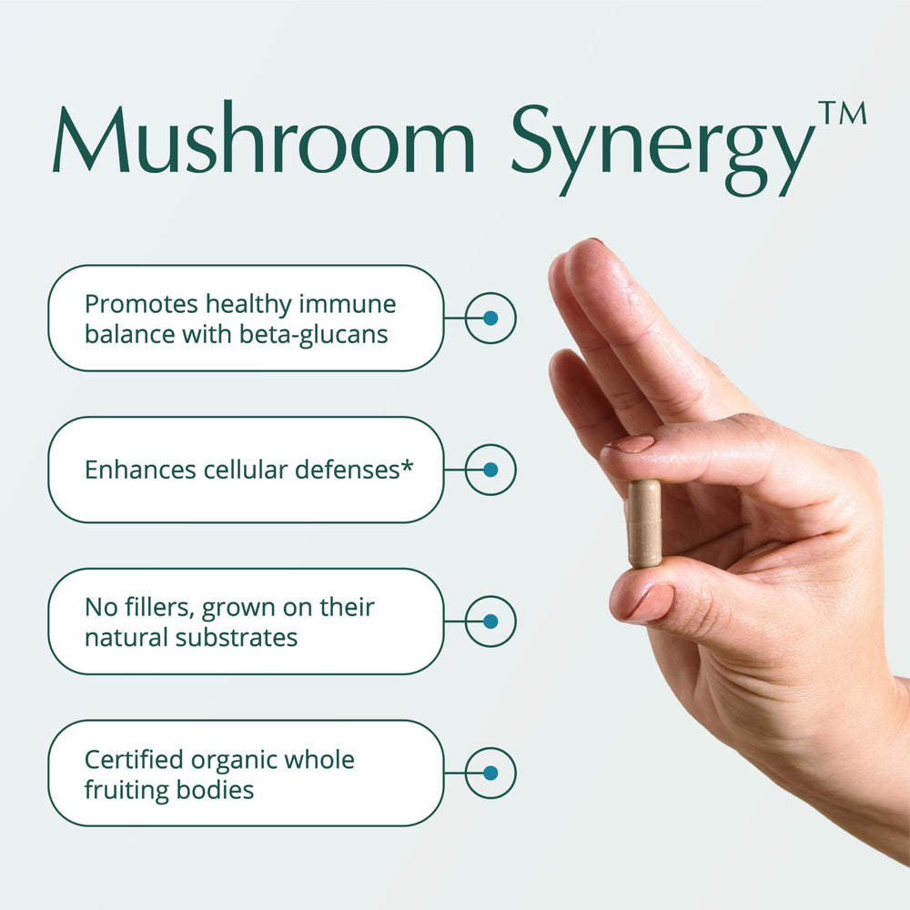 Close-up of Natura Health Mushroom Synergy capsules for daily wellness