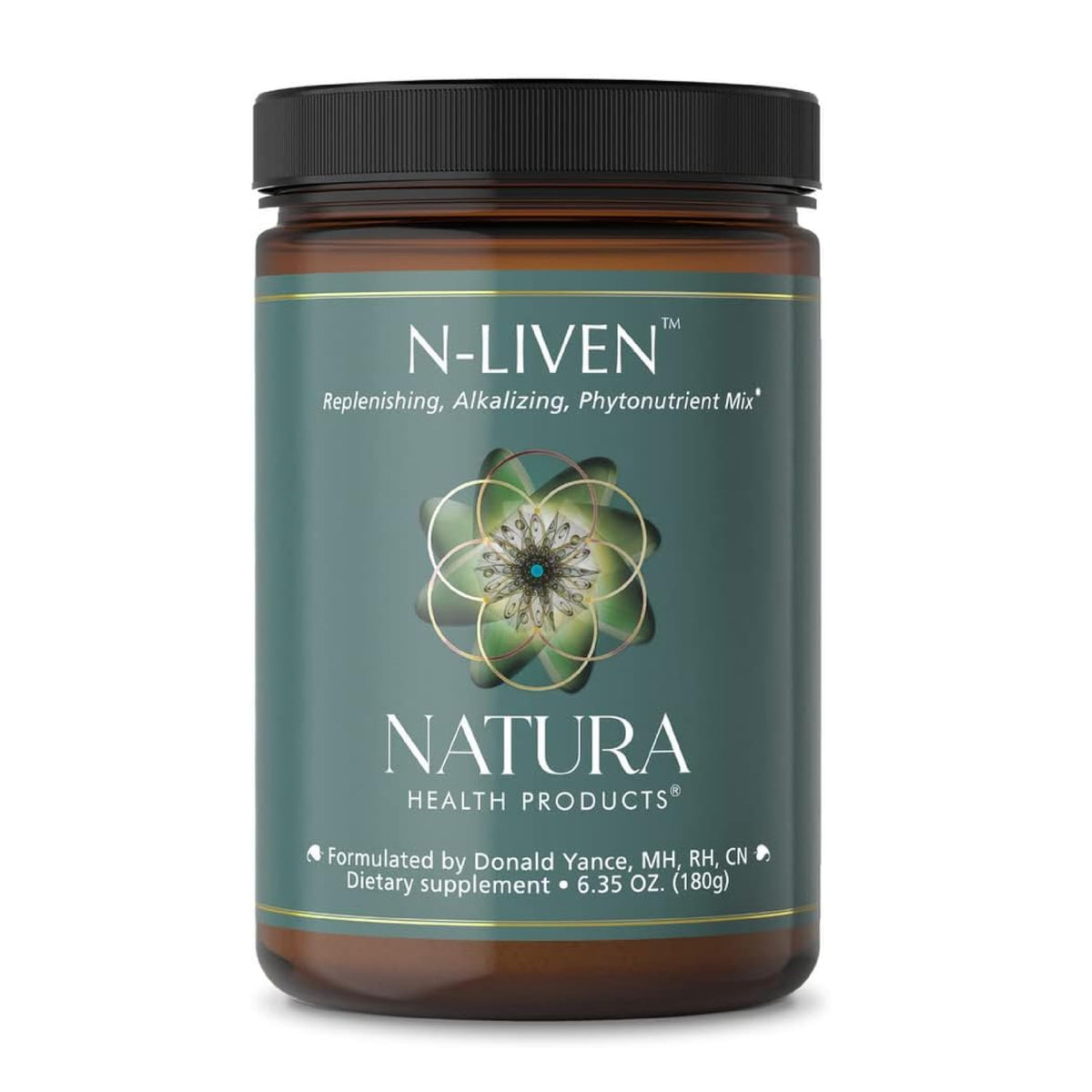 N-Liven bottle front label showing organic greens blend and brand name for daily wellness