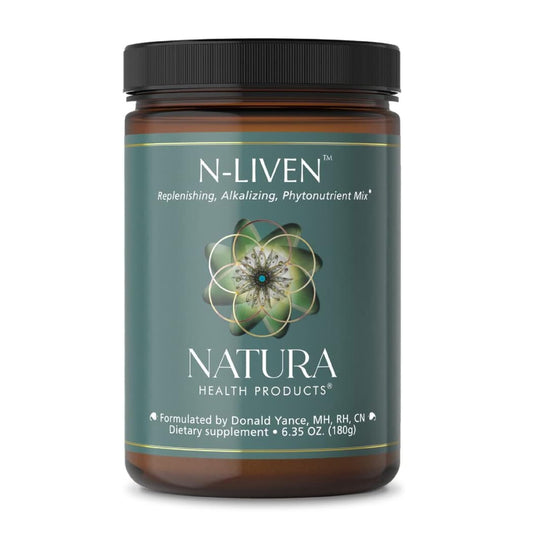 N-Liven bottle front label showing organic greens blend and brand name for daily wellness