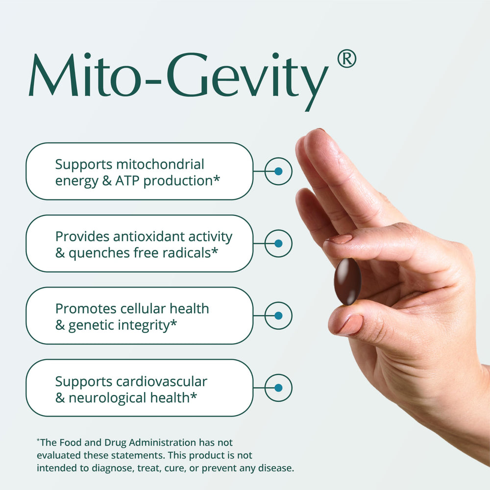Back label on Mito-Gevity bottle outlines ingredients and daily use guidance.