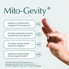Back label on Mito-Gevity bottle outlines ingredients and daily use guidance.