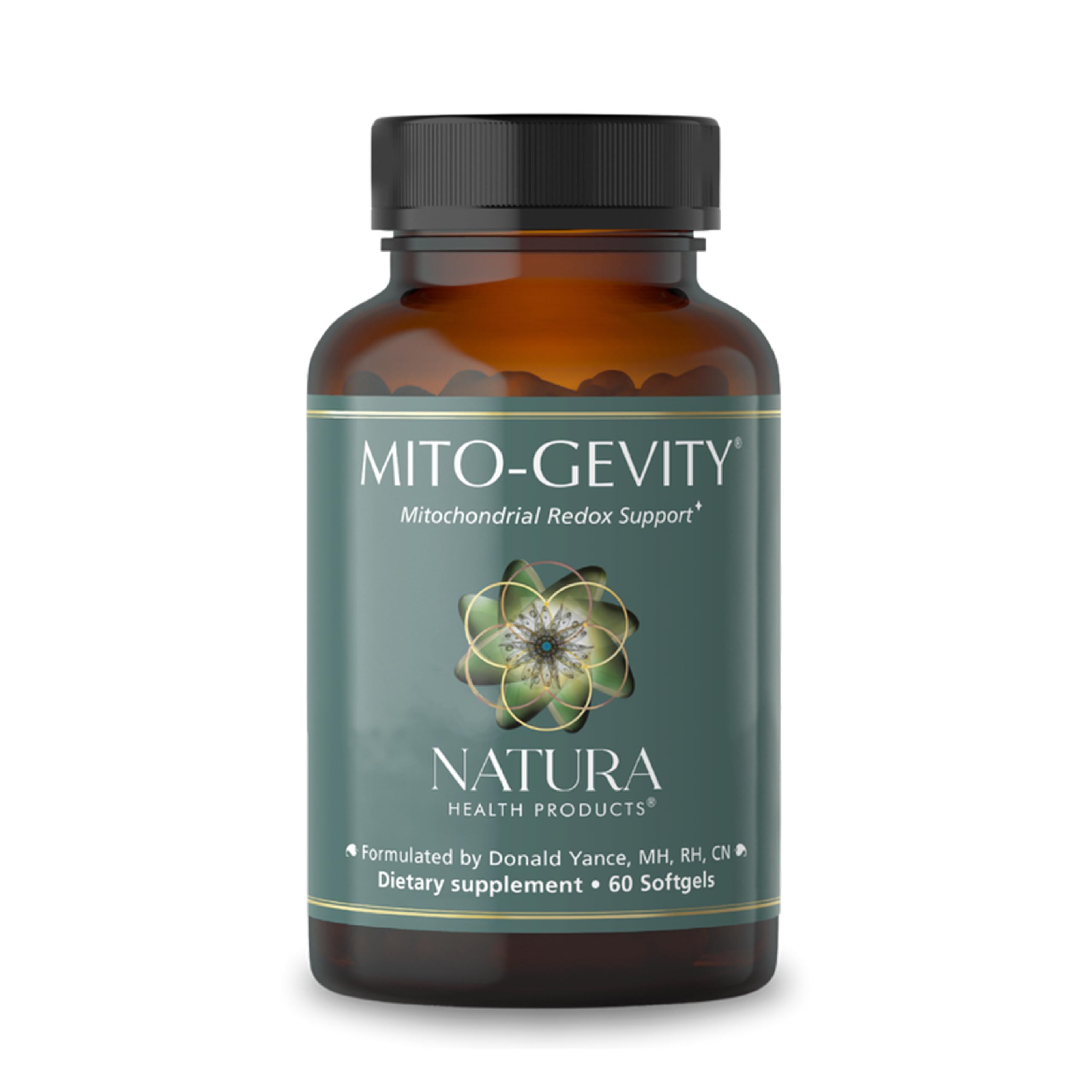 Natura Health Mito-Gevity bottle front shows mitochondrial support formula.