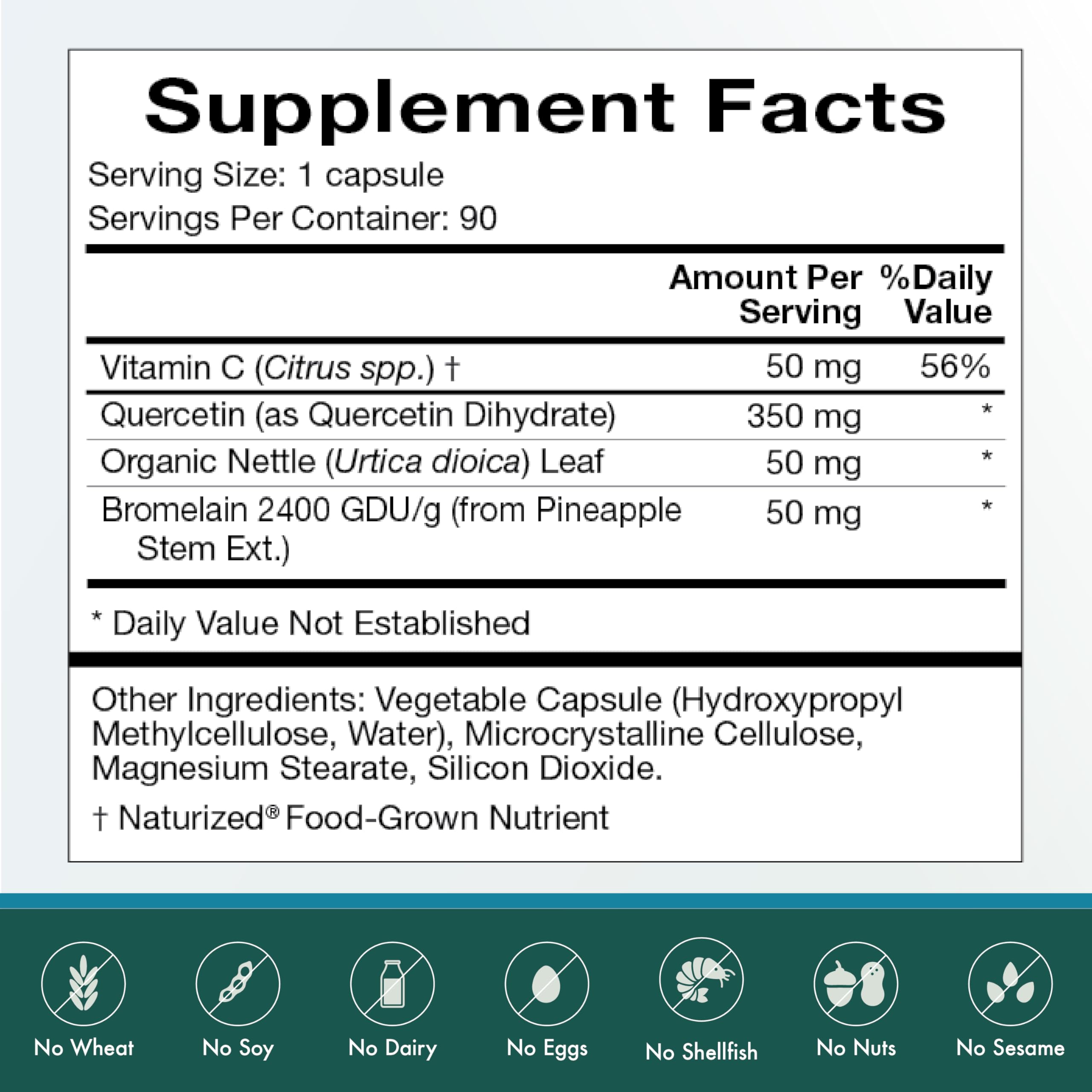 Label close-up of Natura Health Quercetin Plus showing details.