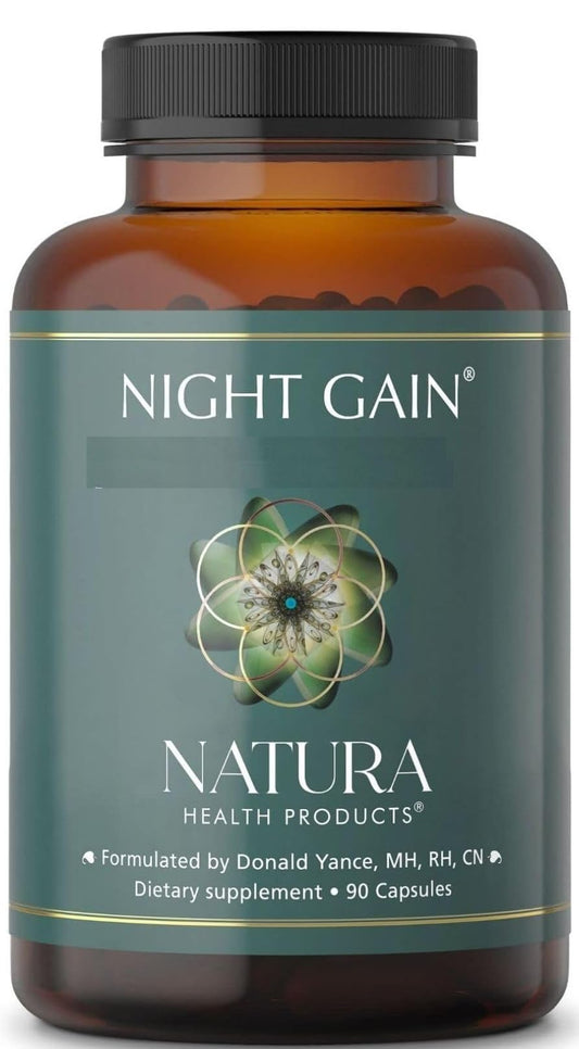 Natura Night Gain bottle label highlighting premium vitality formula.