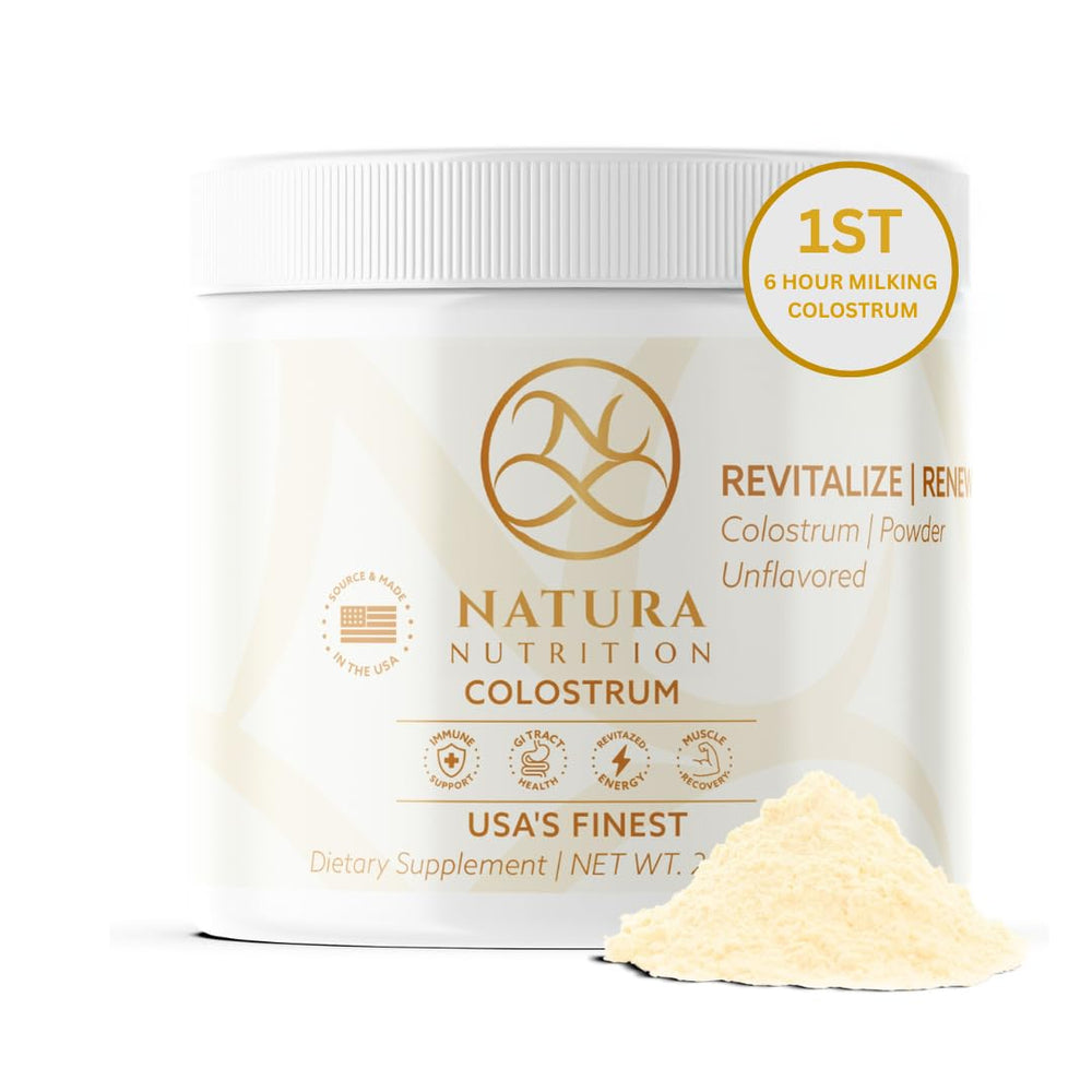 Natura Nutrition colostrum powder bottle showing pure grass-fed source for daily gut support