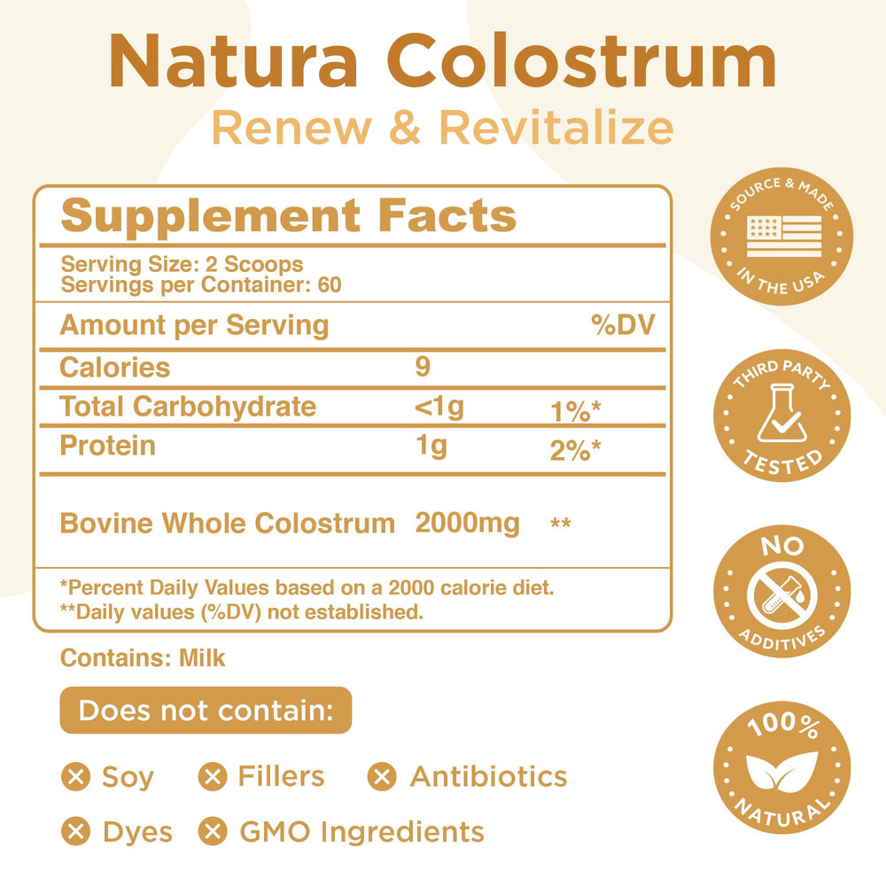 Natura Nutrition colostrum powder scoop highlighting convenient daily serving