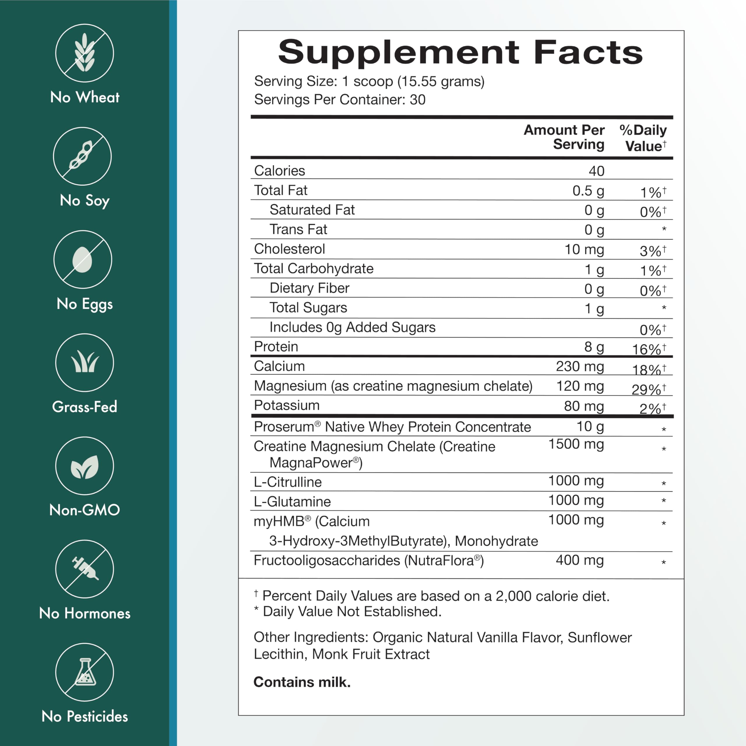 Natura Whey Pro Advantage ingredient panel shows grass-fed whey protein