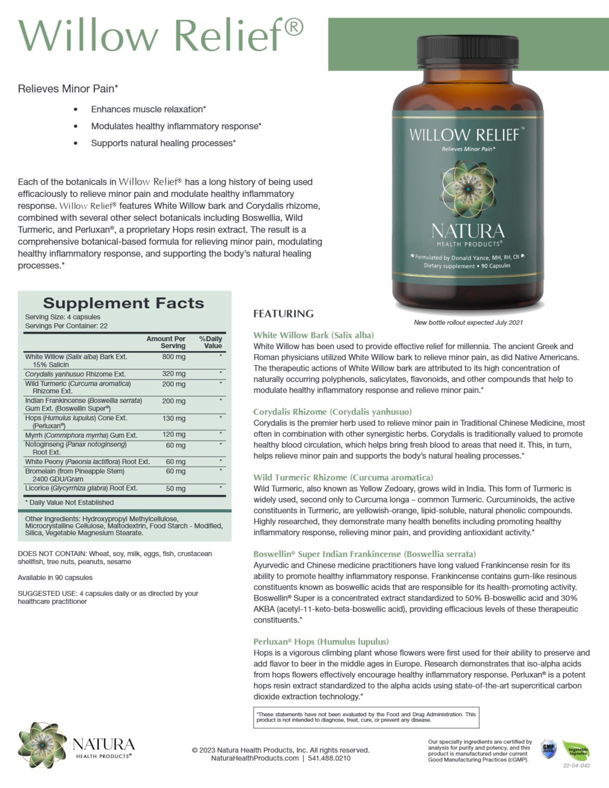 Front label of Natura Willow Relief showing key botanicals