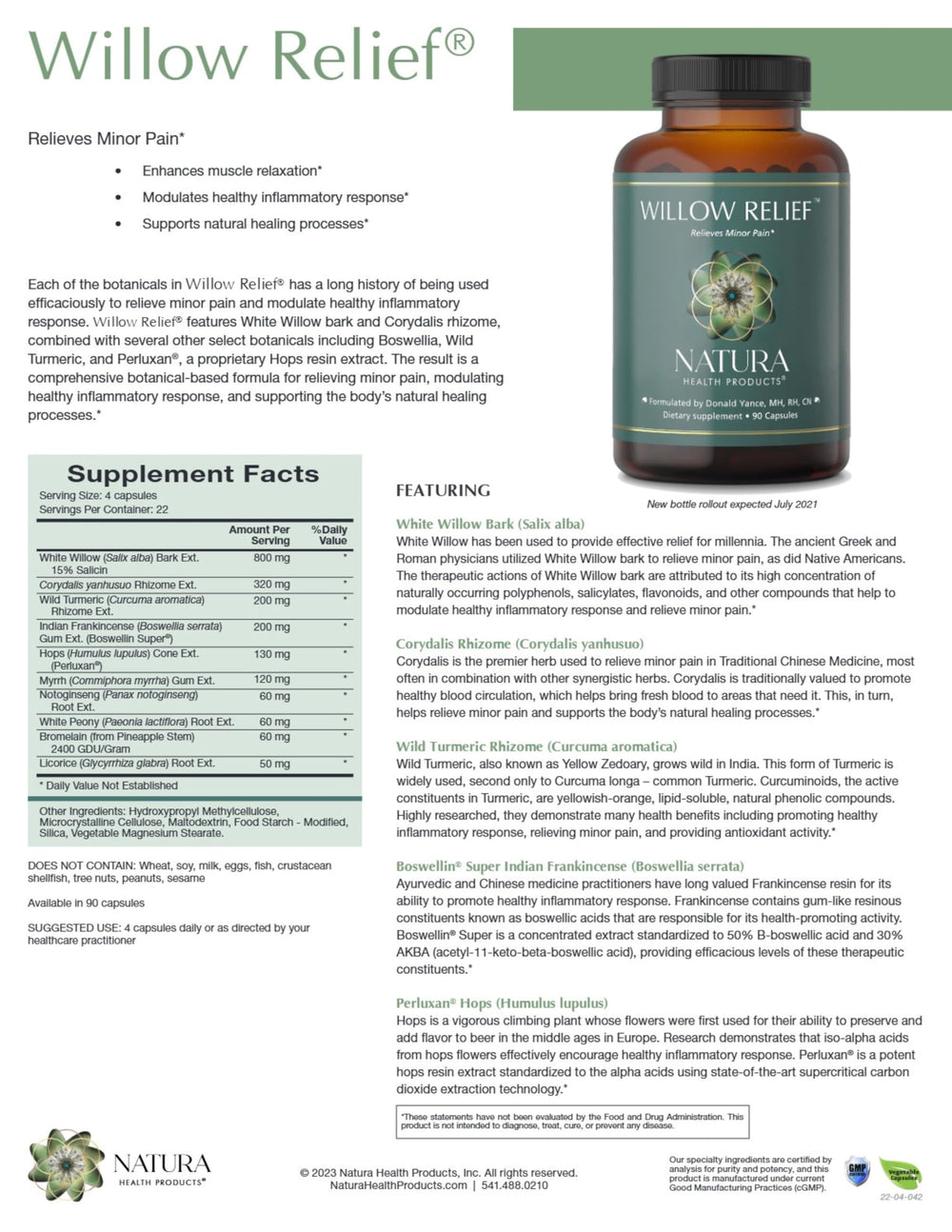 Front label of Natura Willow Relief showing key botanicals