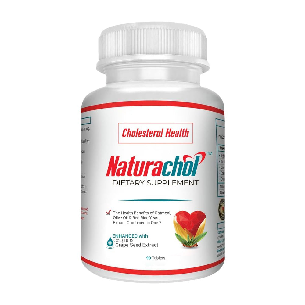 Naturachol red yeast rice bottle highlighting key ingredients for cholesterol support.