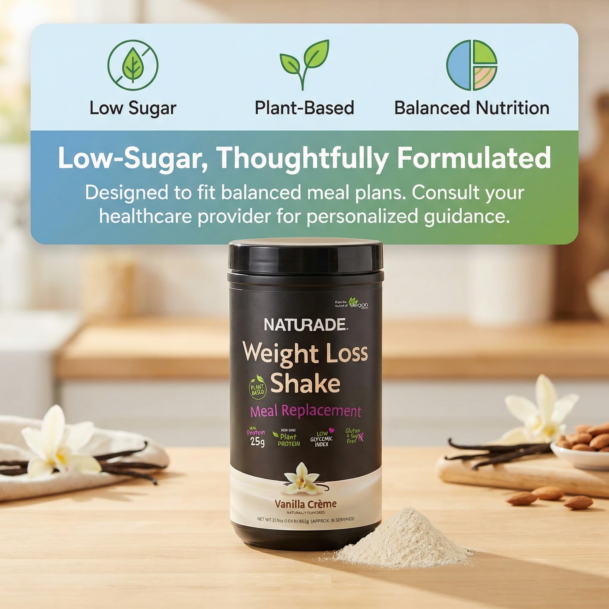 Naturade vanilla shake highlighting 18 vitamins and minerals for everyday wellness.