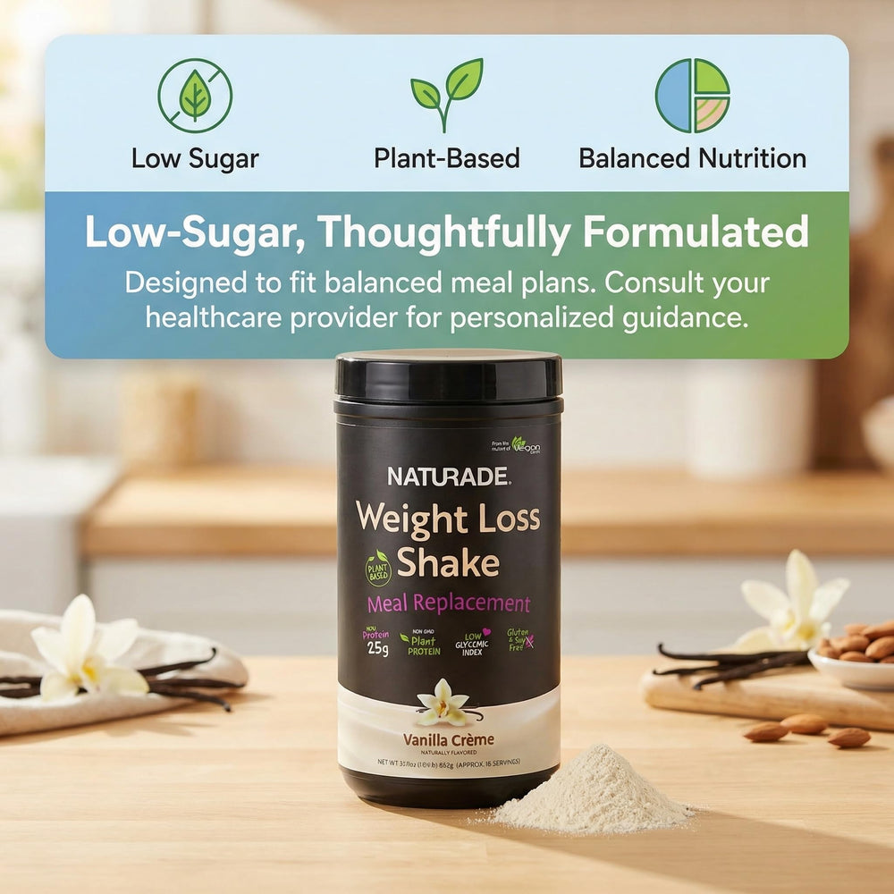Naturade vanilla shake highlighting 18 vitamins and minerals for everyday wellness.