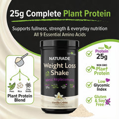 Naturade low-sugar plant-based vanilla shake in bottle for balanced nutrition.