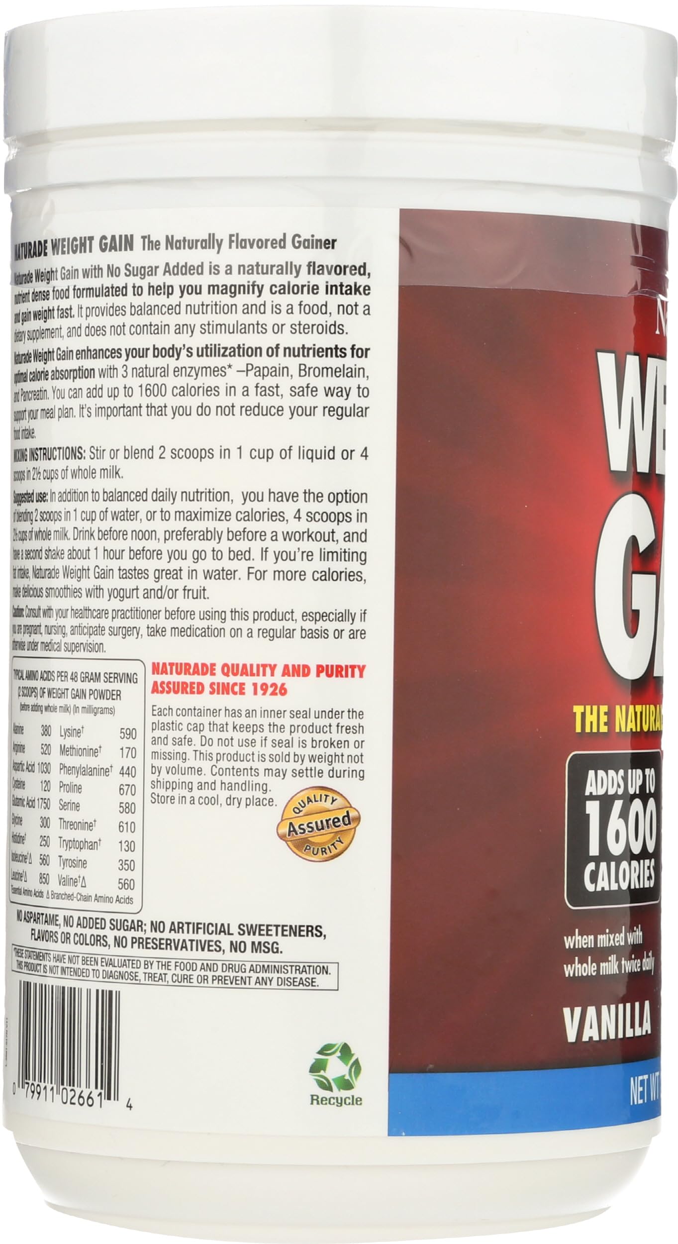 Naturade No-preservatives weight gain label highlights clean ingredient promise.