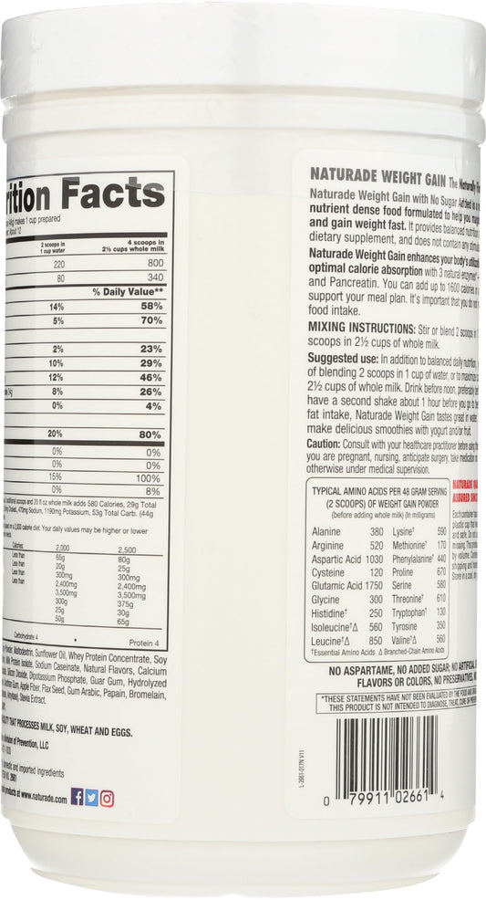 Naturade Sugar Free Weight Gain Powder scoop highlights convenient serving for calorie-dense nutrition.