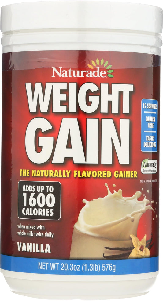 Naturade Sugar Free Weight Gain Powder vanilla powder tub shows gluten-free nutrition with no added sugar.