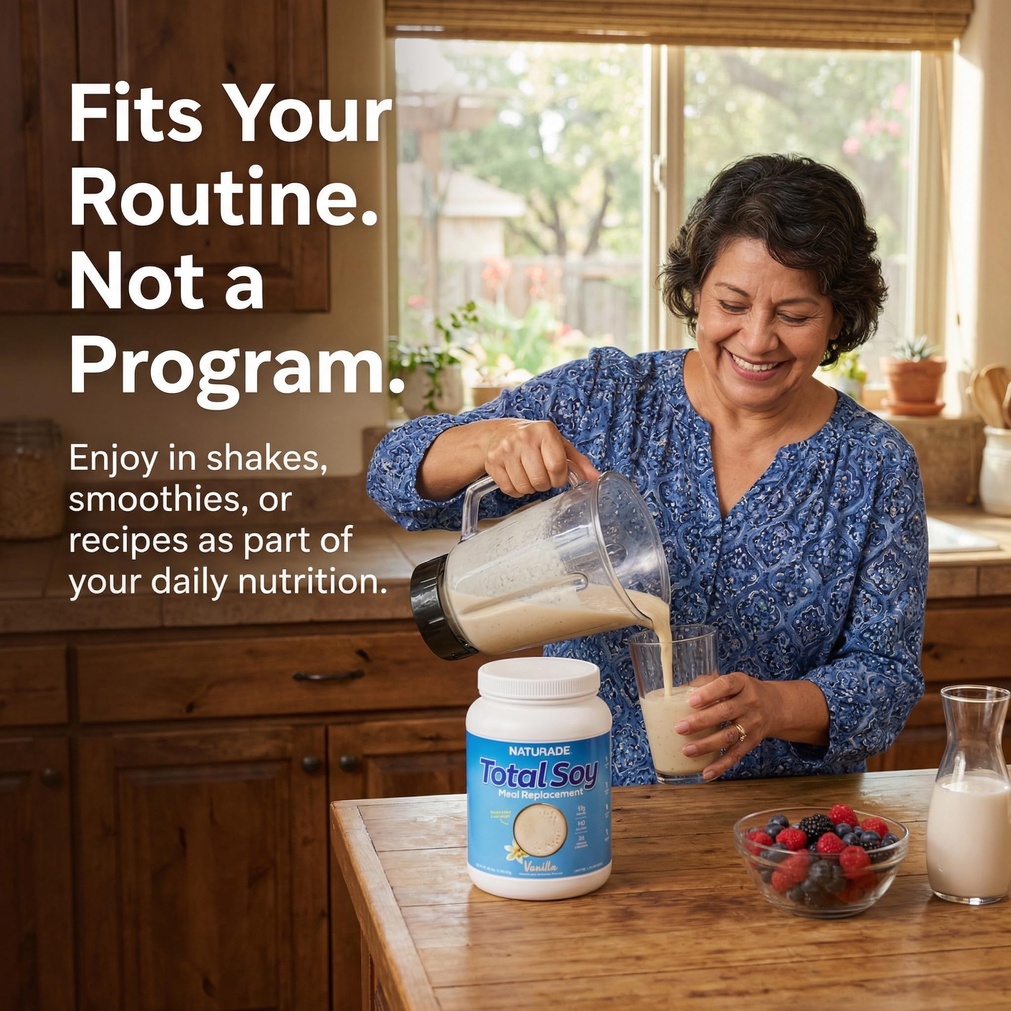 Naturade Total Soy bottle image emphasizes convenient at-home nutrition.
