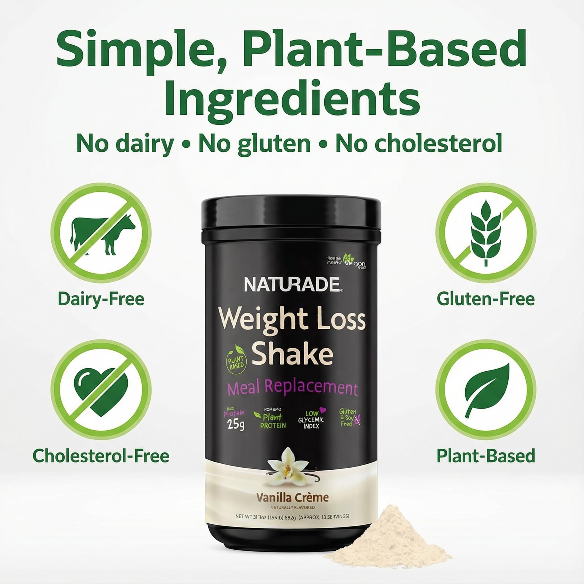 Naturade vegan gluten-free vanilla shake in cup for dairy-free nutrition.