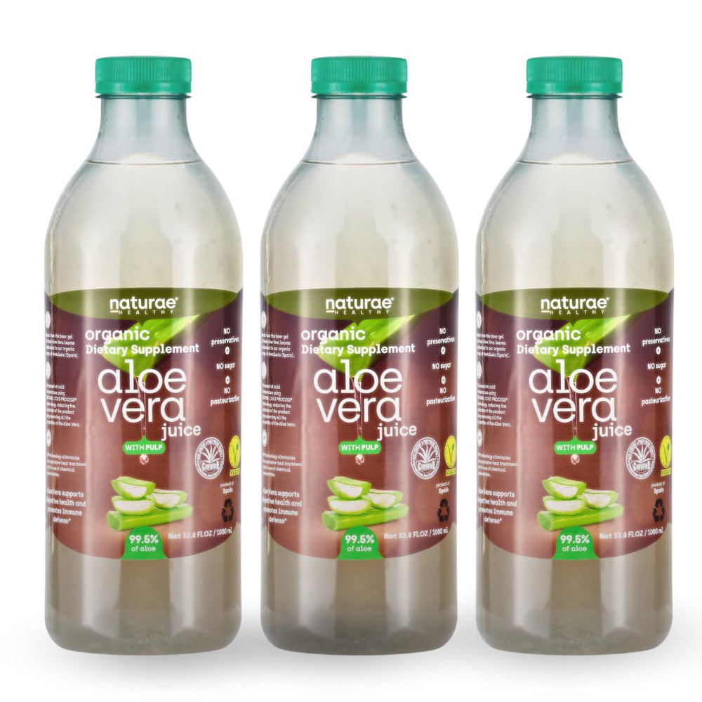 Naturae Aloe Vera Juice bottle front shows pure organic hydration with pulp.