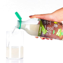 Naturae Aloe Vera Juice bottle pour demonstrates easy refreshing sip.