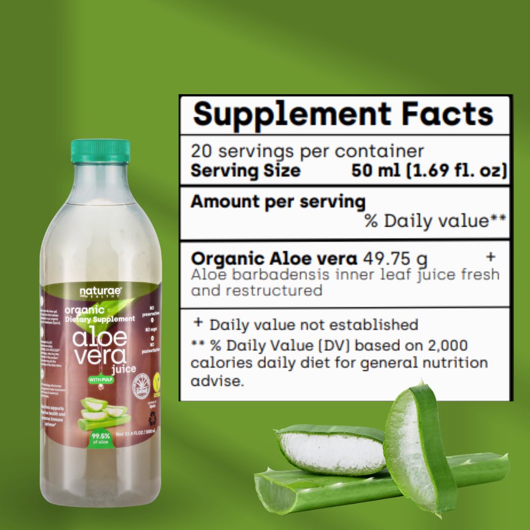 Naturae Aloe Vera Juice pulp visible in glass emphasizes natural texture.