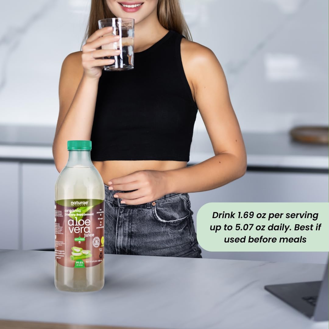 Naturae Aloe Vera juice served in glass emphasizes refreshing daily hydration.